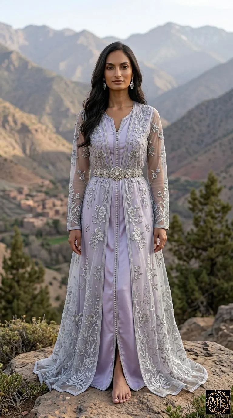 The Atlas Mist — lavender silk Moroccan takchita with a translucent dfina of silver floral embroidery