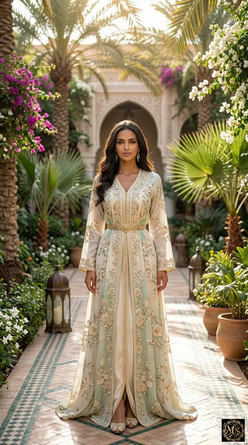The Bahia Bloom — mint green chiffon Moroccan caftan with gold-thread floral embroidery and a gold belt