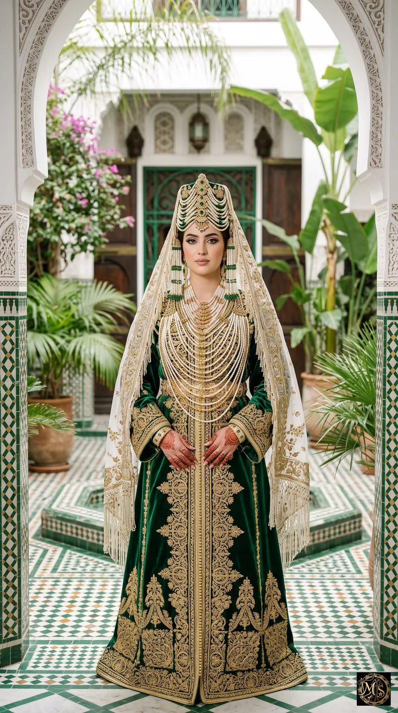 Lebsa Chamalia — Bride of the North — Moroccan bride of the north in emerald velvet with gold embroidery and a pearl headdress