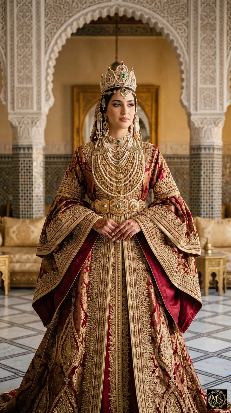 Lebsa Fassia — Bride of Fez — Moroccan bride in the Lebsa Fassia: red and gold brocade caftan, gold belt and Fassi jewellery
