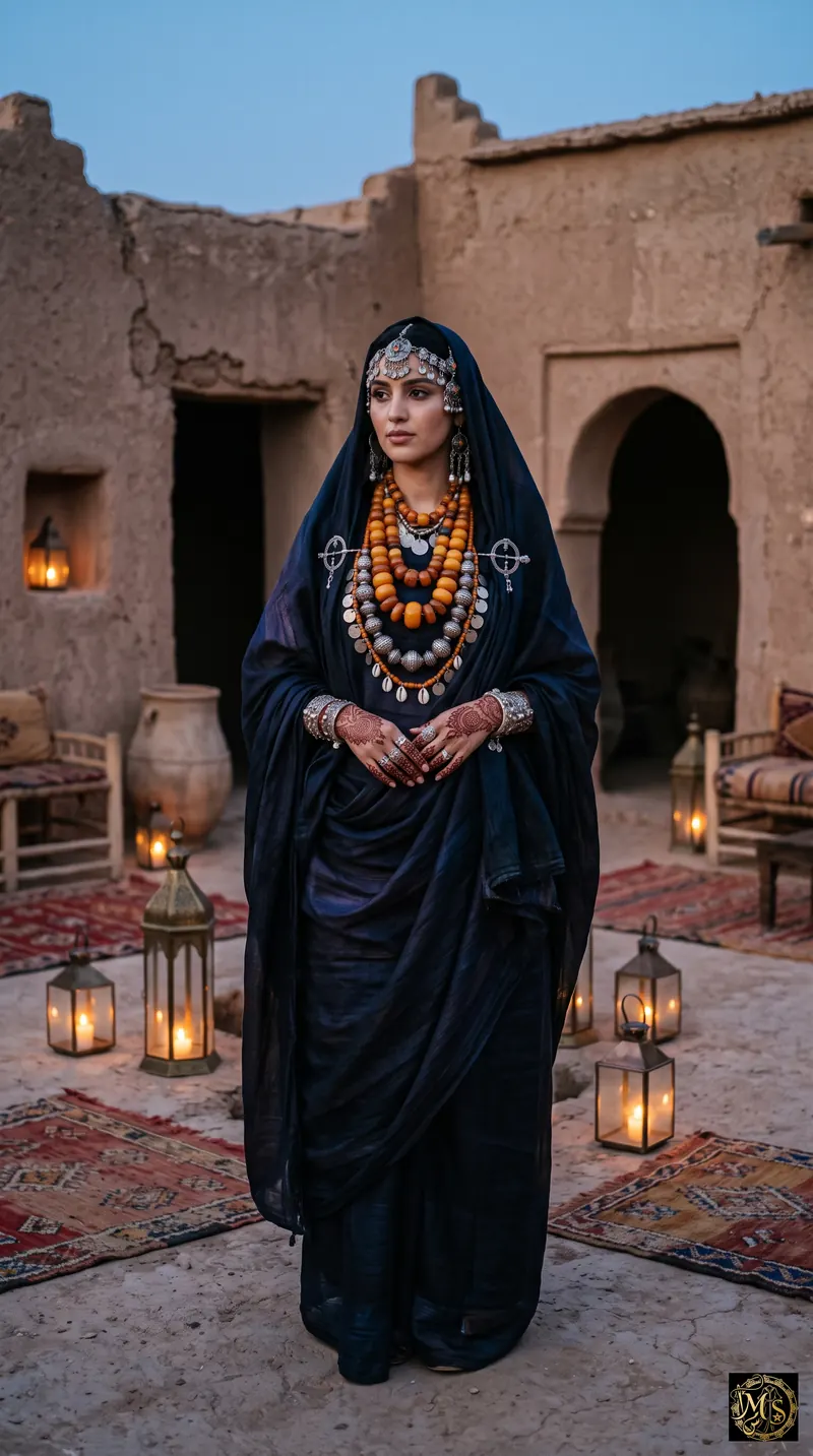 Lebsa Sahraouia — Desert Bride — Moroccan bride in the Lebsa Sahraouia: indigo melhfa, silver and amber jewellery and henna