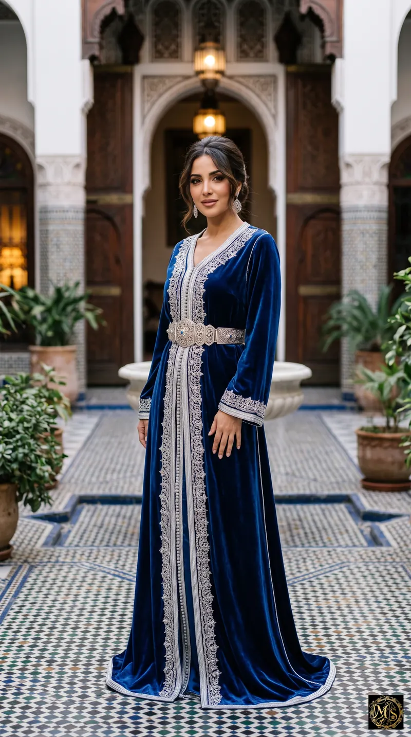 The Sapphire Caftan — sapphire blue velvet Moroccan caftan with silver sfifa and a silver filigree belt