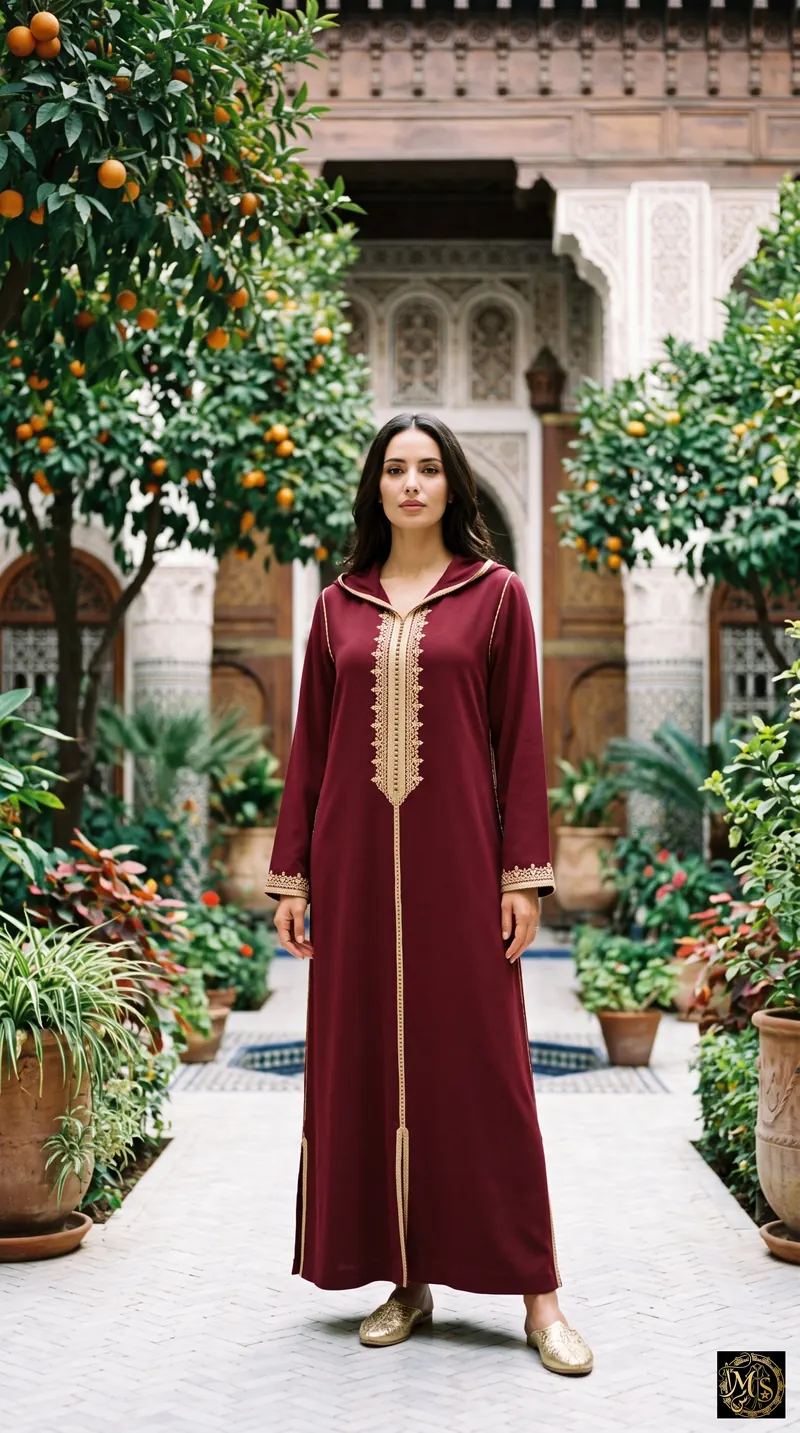 The Bordeaux Djellaba — women's burgundy crepe Moroccan djellaba with gold sfifa and gold aakad buttons