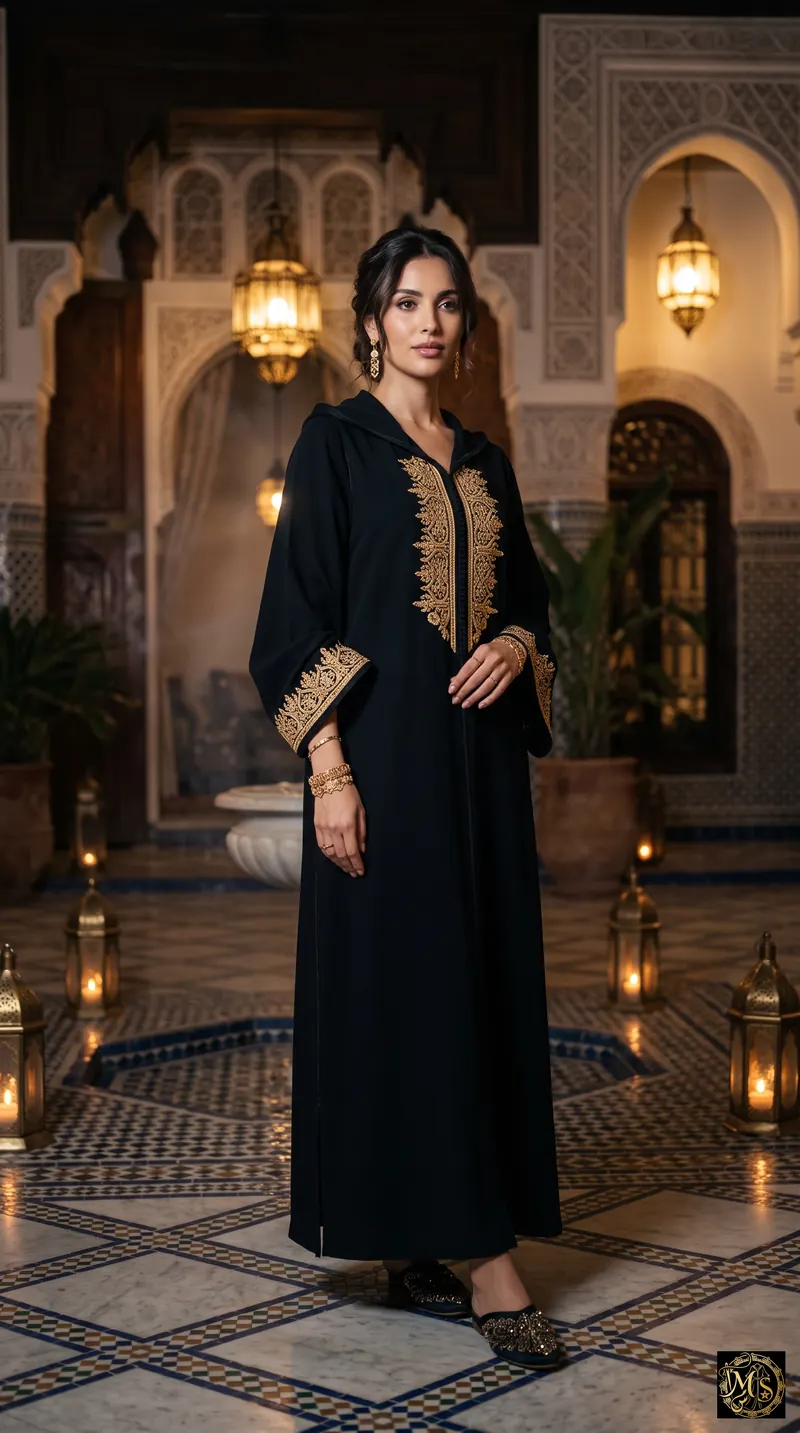 The Midnight Gold Djellaba — women's black Moroccan djellaba with flared sleeves and gold embroidery on the front and cuffs