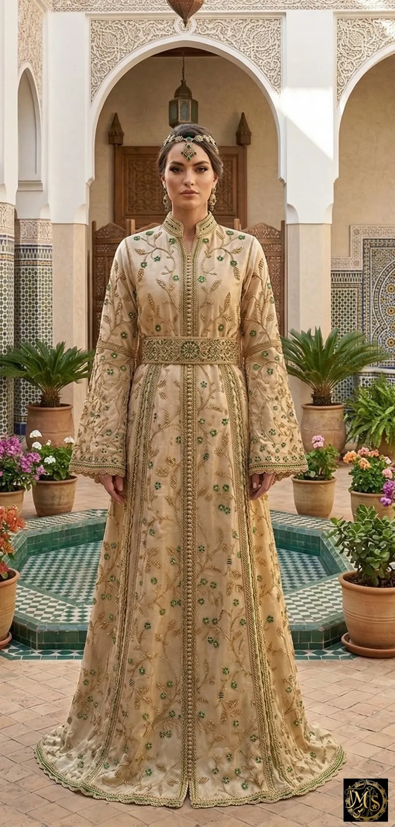 The Emerald of the Atlas — Moroccan caftan in champagne gold tissue with gold-thread vines, emerald floral accents and flared sleeves
