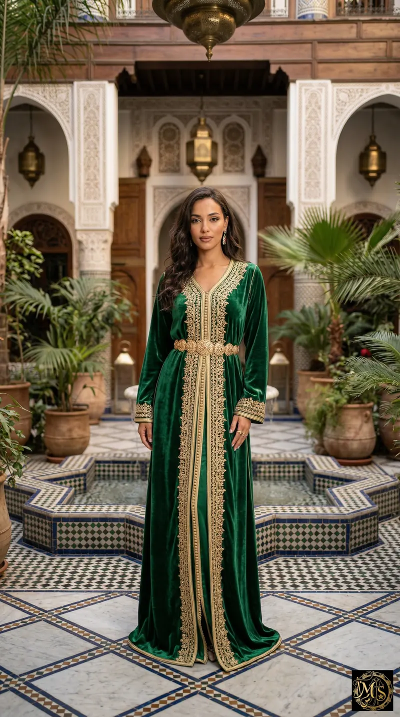The Emerald Sultana — Moroccan caftan in emerald green velvet with hand-stitched gold sfifa and a jewelled belt