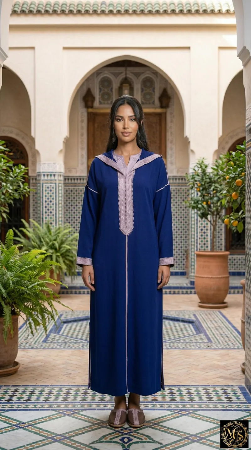 Indigo Heritage Djellaba — women's blue Moroccan djellaba with lavender geometric sfifa embroidery