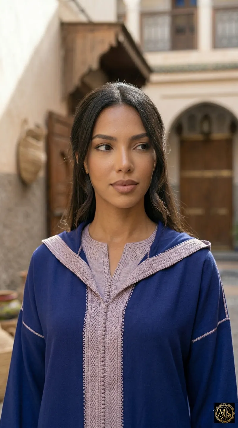 Indigo Heritage Djellaba — close-up of the embroidery