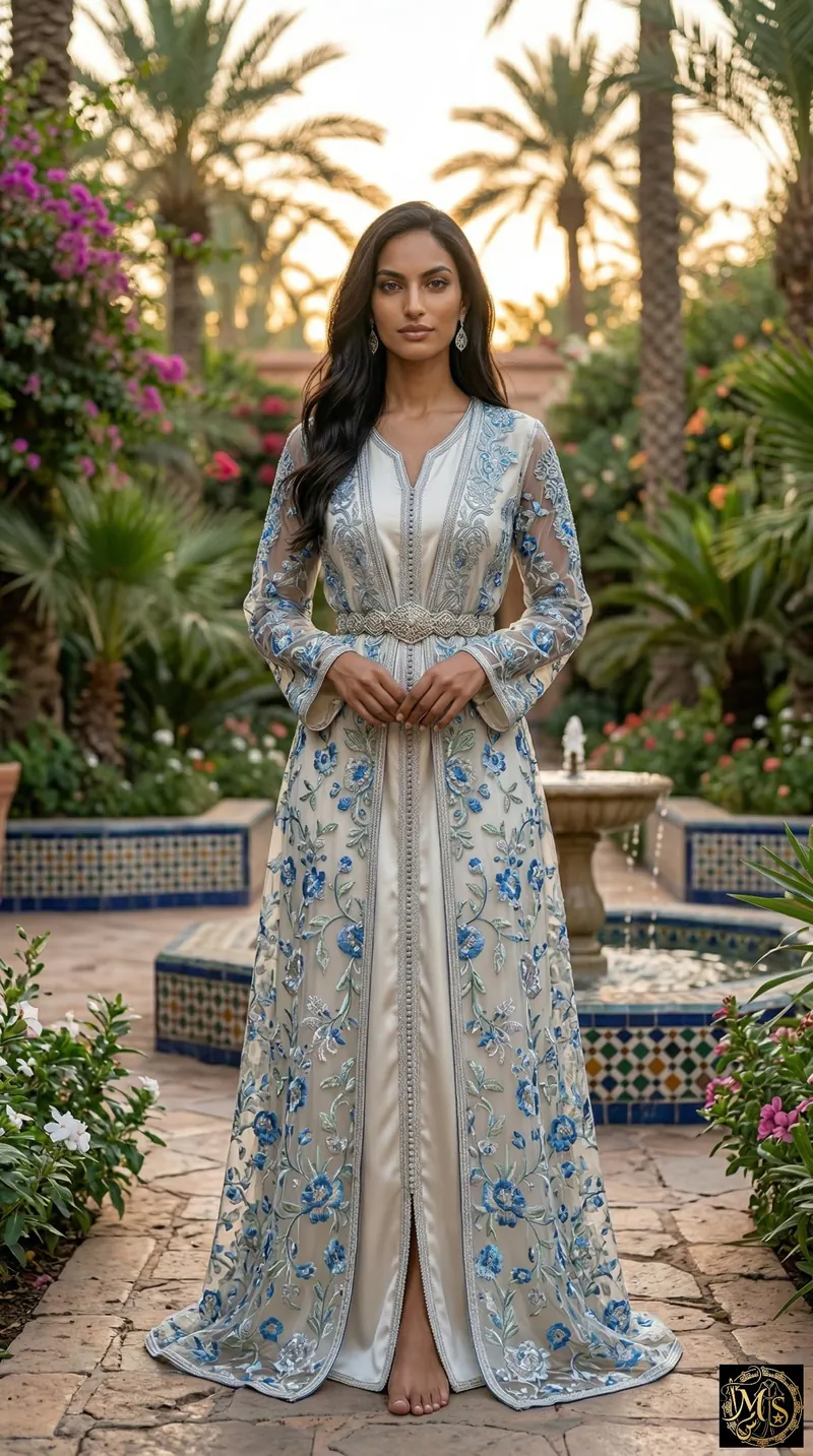 The Jardin d'Ivoire — Moroccan takchita with an ivory silk tahtiya and a sheer dfina embroidered with blue flowers