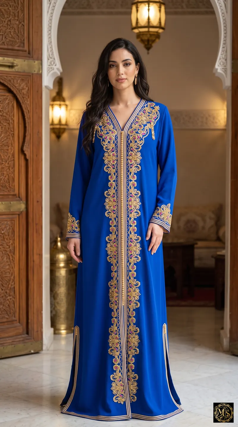 Royal Majorelle — royal blue crepe Moroccan caftan with raised gold floral embroidery, fuchsia stones, gold aakad buttons and beaded tassels