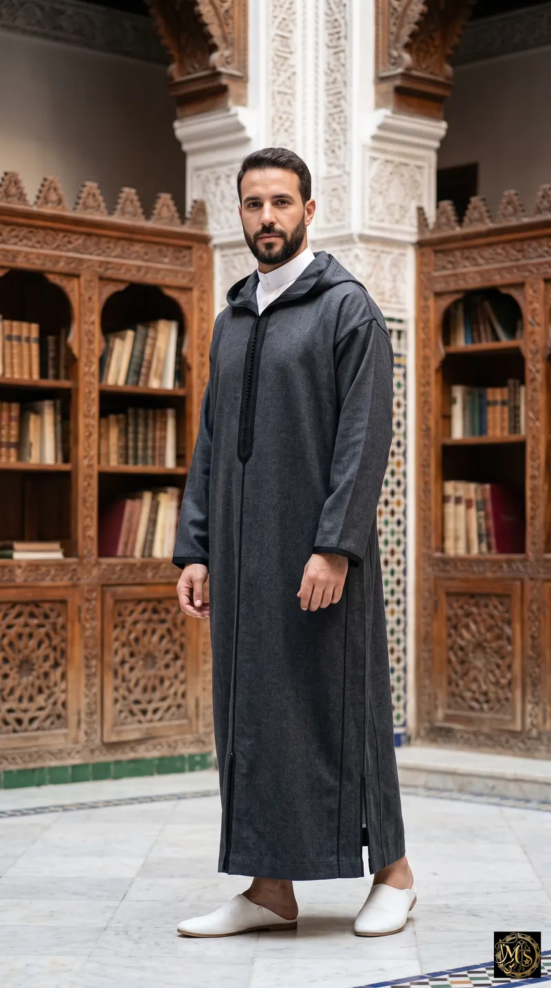 The Charcoal Djellaba — men's charcoal wool Moroccan djellaba with a pointed hood and black silk sfifa