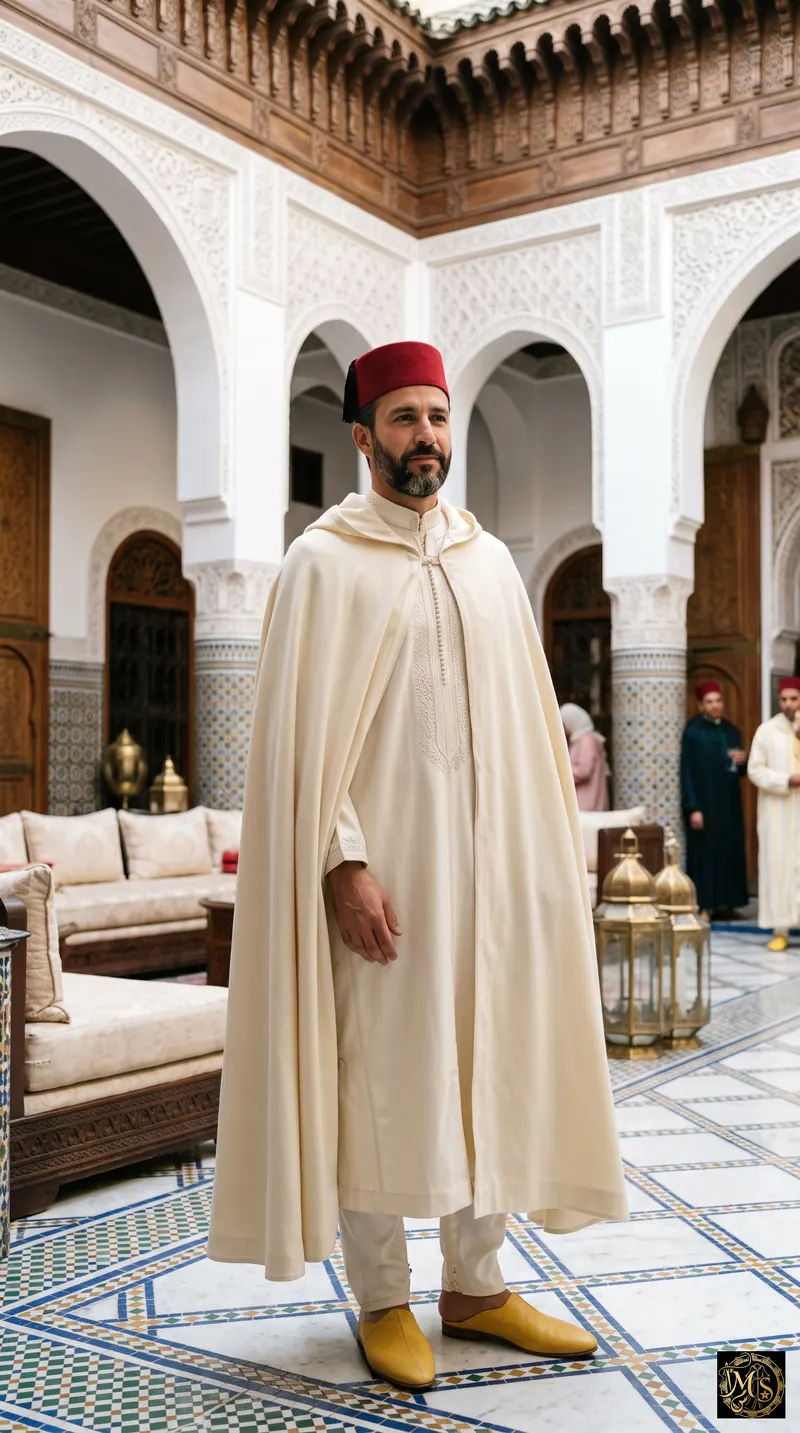 The Ceremonial Selham — men's cream wool Moroccan selham, the ceremonial hooded cape, over an ivory jabador