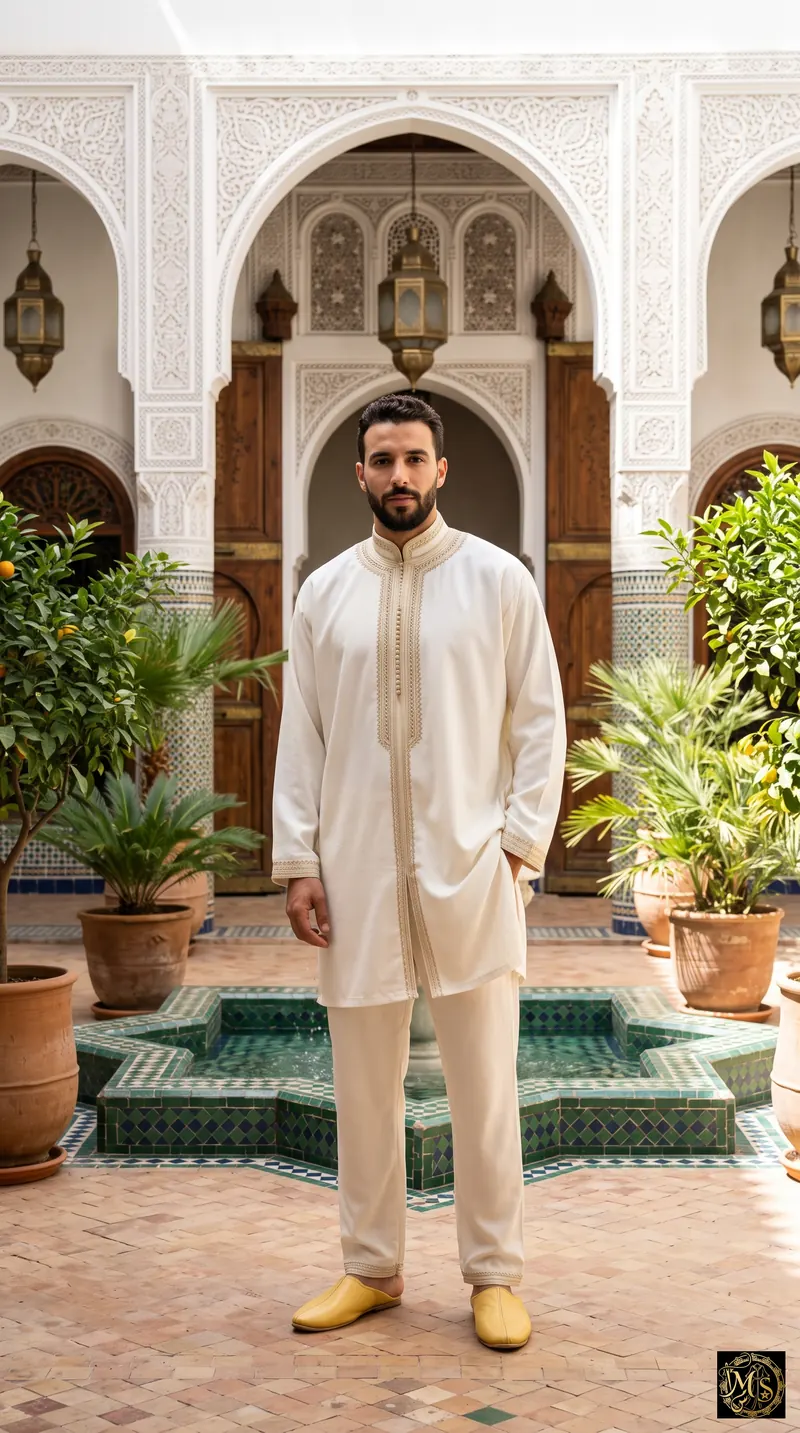 The Ivory Jabador — men's ivory Moroccan jabador, tunic and trousers, with gold and beige embroidered sfifa