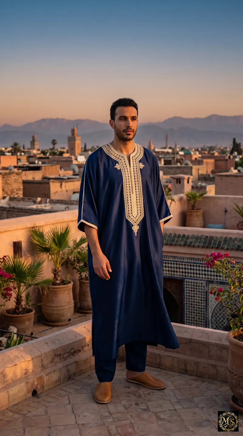 The Atlas Night Gandoura — men's navy Moroccan gandoura with gold and ivory geometric embroidery at the neckline