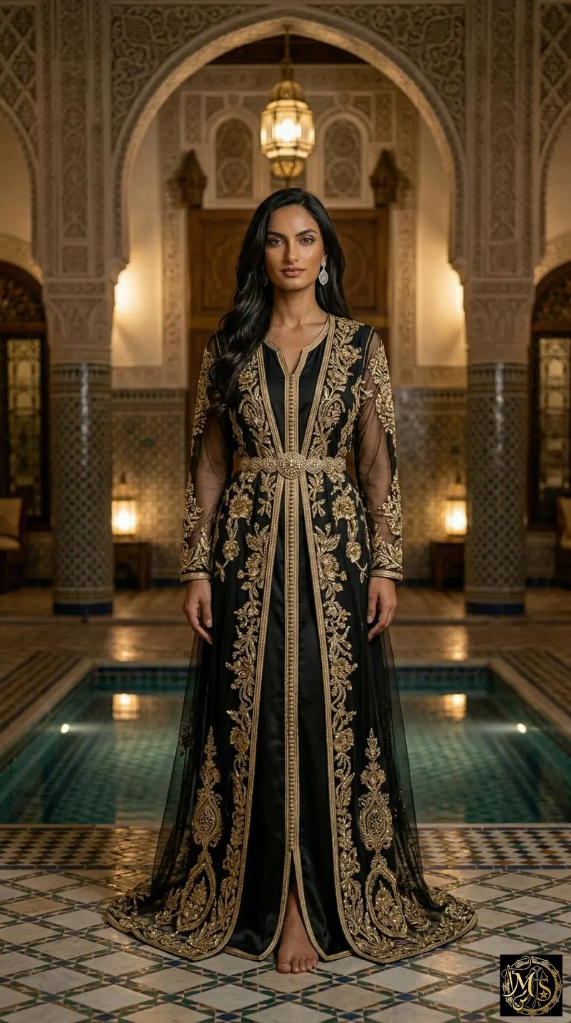 The Midnight Maghreb — black Moroccan takchita with a dfina of ornate gold filigree embroidery