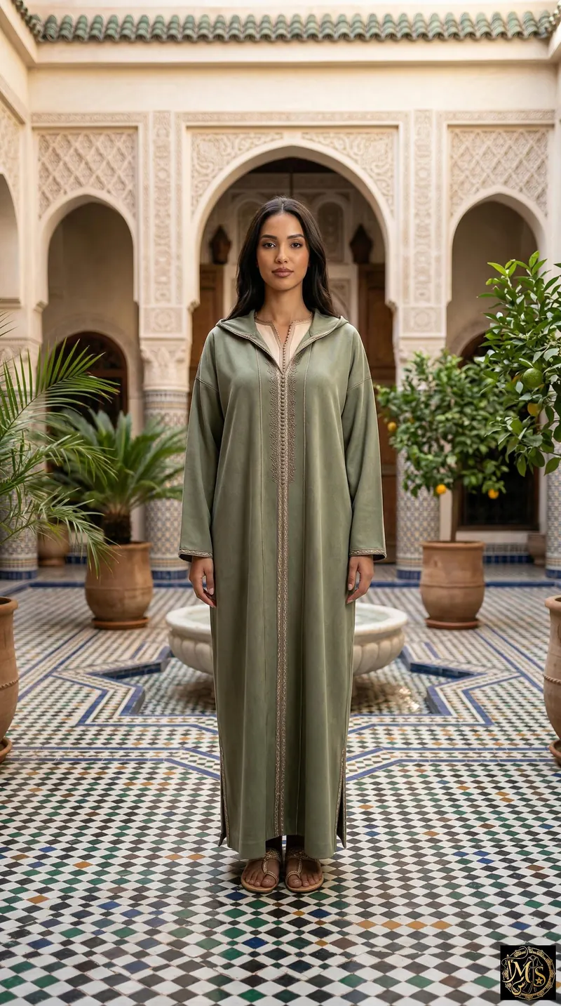 Olive Serenity Djellaba — women's olive green suede Moroccan djellaba with gold and beige embroidery
