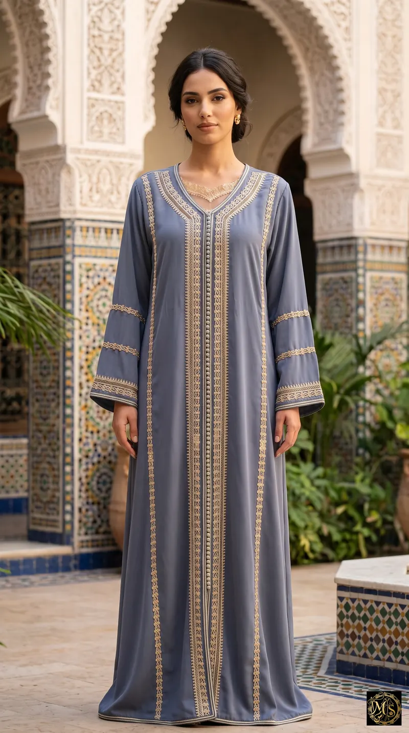 The Ifrane Pearl — slate-blue crepe Moroccan caftan with gold and silver braided sfifa, aakad buttons and a lace neckline