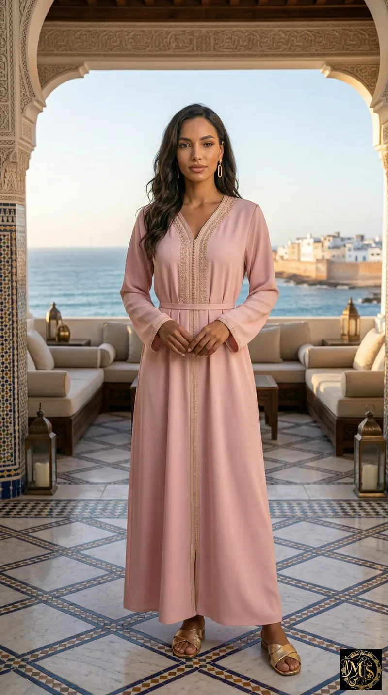 The Rose of Essaouira — pastel pink crepe Moroccan caftan with champagne gold maalam embroidery