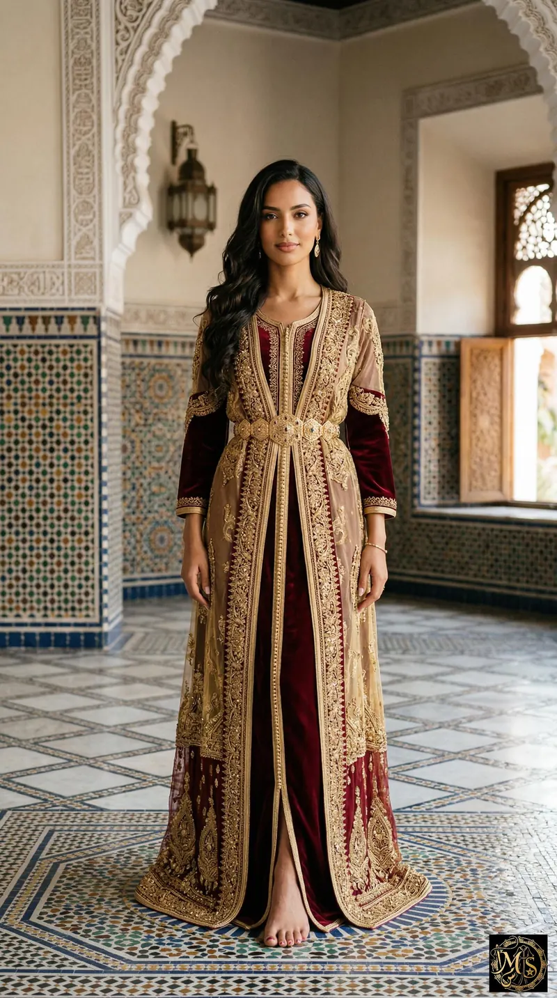 The Royal Sultana — Moroccan takchita with a burgundy velvet tahtiya under a sheer gold-threaded dfina