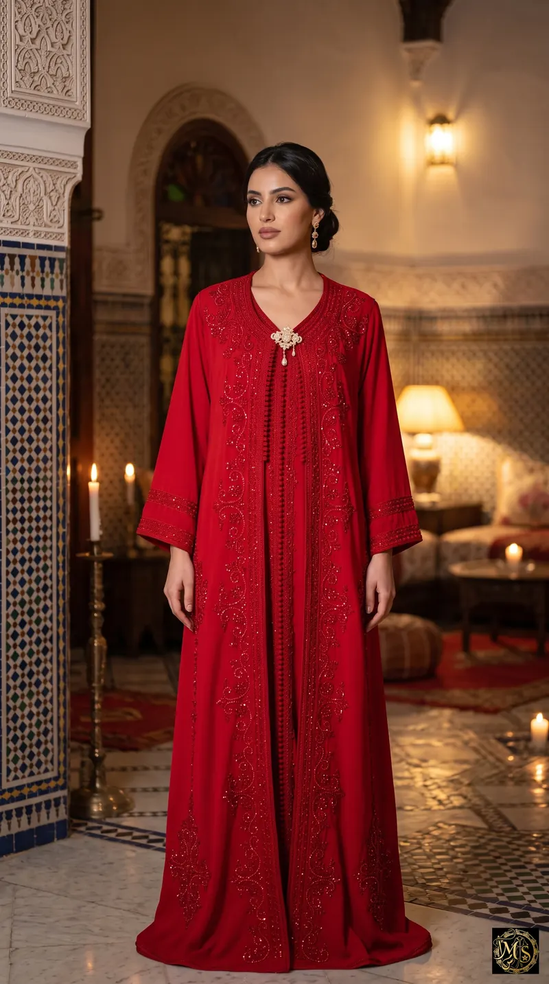 The Medina Ruby — two-piece ruby red Moroccan takchita with red-on-red beaded arabesque embroidery, red aakad buttons and a jewelled brooch