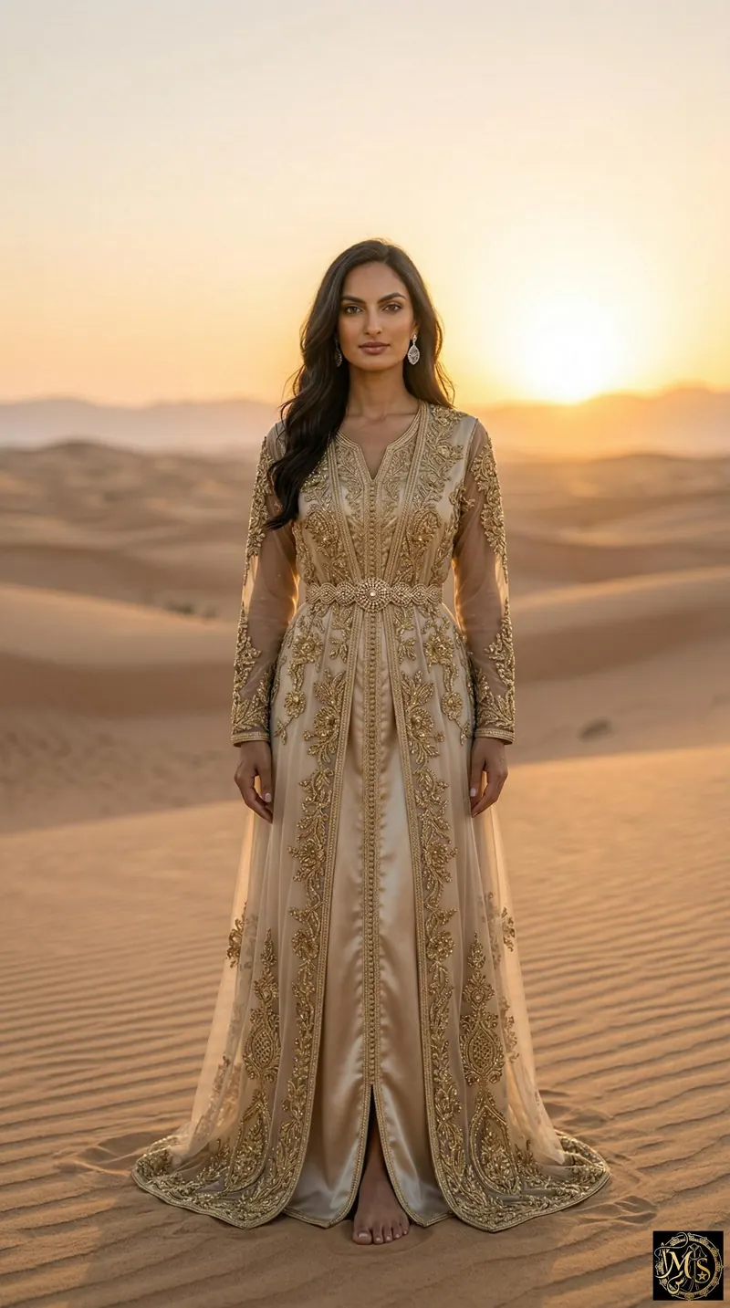 The Saharan Gilded Rose — bridal takchita in champagne silk under a dfina of hand-beaded gold embroidery