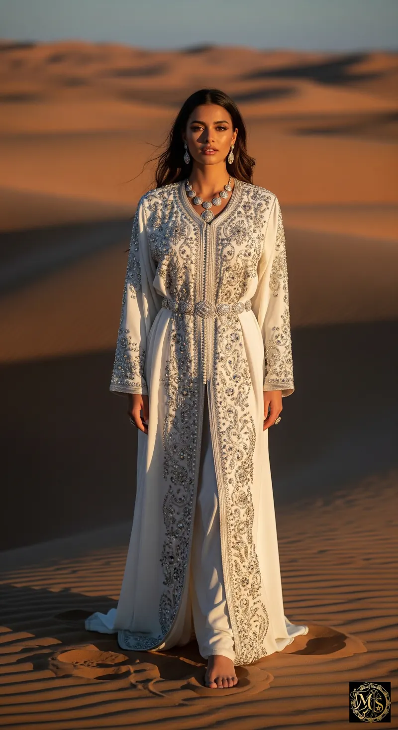 The Saharan Star — ivory silk crepe Moroccan caftan with hand-made silver sfifa